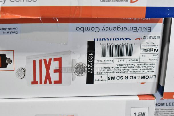 8 new LHQM LED R SD M6 exit/emergency signs, scratch and dent. Box shows model details. Reliable emergency lighting.