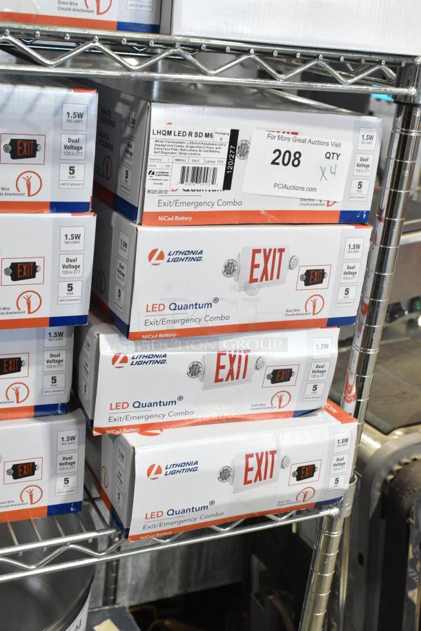 4 brand new Lithonia LHQM LED R SD M6 exit/emergency combo signs in boxes. Tags indicate slight scratch and dent condition.