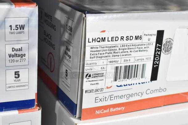 4 new LHQM LED R SD M6 exit/emergency signs. White thermoplastic, red letters, Ni-Cad battery, dual voltage.