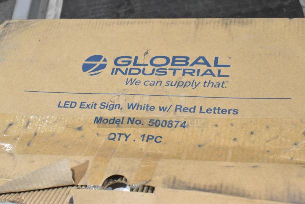Box showing Global Industrial LED Exit Sign with red letters, Model No. 500874, in new condition.