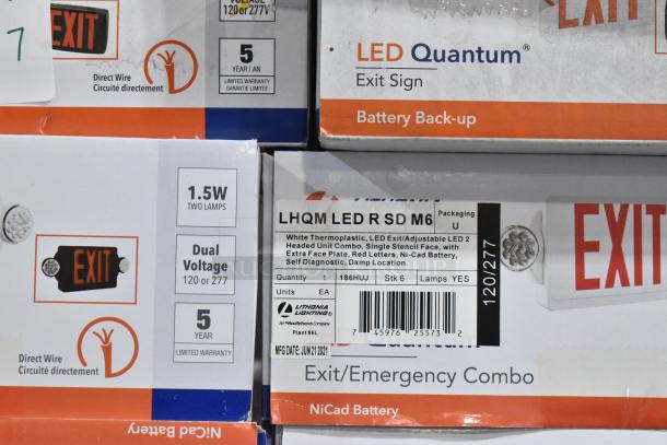 7 brand new scratch and dent LHQM LED R SD M6 exit/emergency combo signs, dual voltage, red letters, Ni-Cad battery.