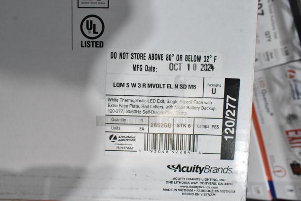 7 Brand New Acuity LHQM LED Exit/Emergency Combo Signs, Model LQM S W 3 R MVOLT EL N SD M6, with minor cosmetic flaws.