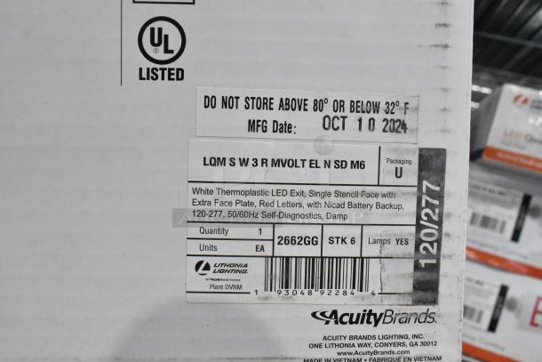 LHQM LED R SD M6 exit sign box, white thermoplastic, red letters, NiCad battery, self-diagnostic, UL listed, MFG Oct 10, 2024.