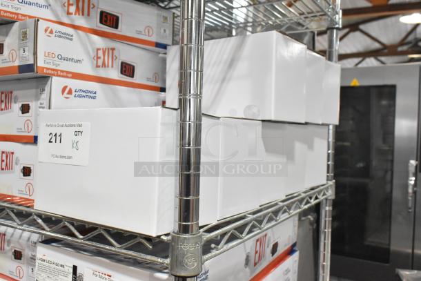 Eight brand new E185721-B / ASRLED-2-HL emergency lights in original packaging on metal shelf; lots of 8.