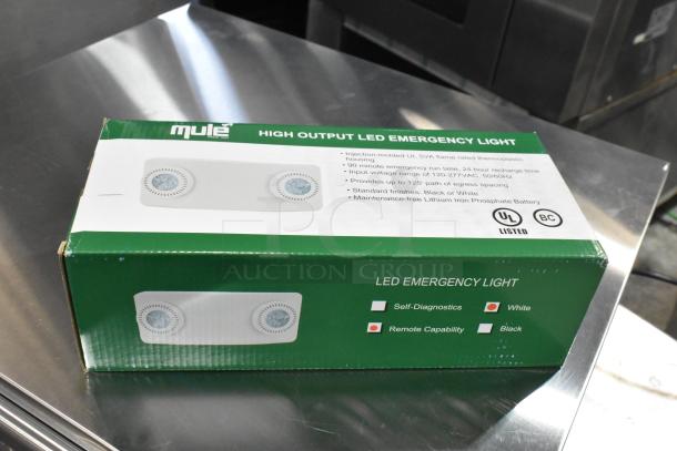 Boxed Mule ASRLED-2-HL / TSR-W-REM emergency light; new condition, UL listed, self-diagnostic, remote-capable.