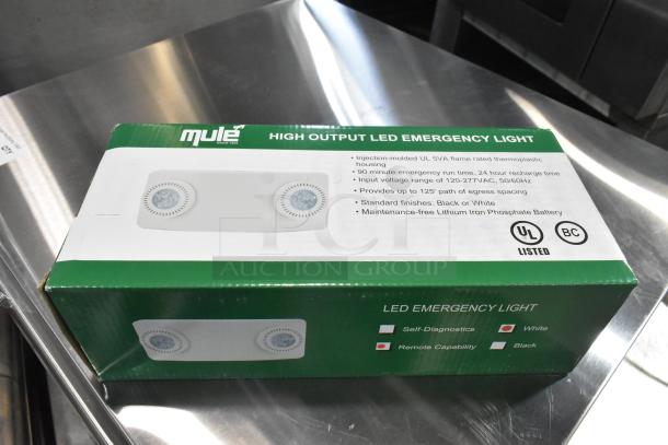 Boxed ASRLED-2-HL Emergency Light; brand new, scratch and dent. Features UL certification and remote capability.
