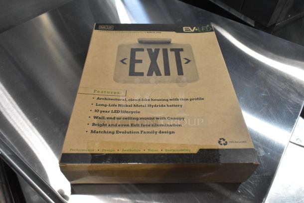 6 brand new Dual-Lite exit signs. Features include cloud-like housing, long-life battery, 10-year LED, wall or ceiling mount, even illumination, and matching design. Box condition: scratch and dent.