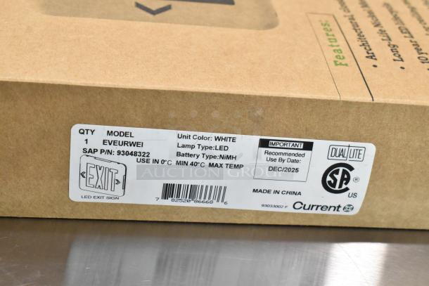 Cardboard box with label for LED exit sign model EVEURWEI, white, LED lamp, NiMH battery, use by Dec 2025. Made in China.