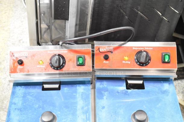 Brand new Avantco 177F202 dual tank electric fryer, stainless steel, 30 lb capacity, 2 baskets, 2 lids, 208-240V, 1 phase.