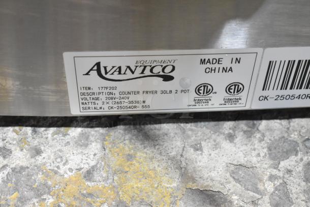 Avantco 177F202 fryer label showing 208-240V, 30 lb capacity, ETL certified, model details, and serial number CK-250540R-555.