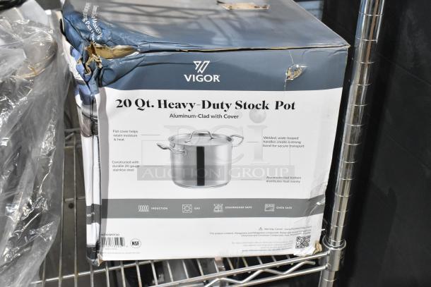 Vigor SS1 Series 20 Qt. Heavy-Duty Stainless Steel Aluminum-Clad Stock Pot with Cover, damaged box, new condition.