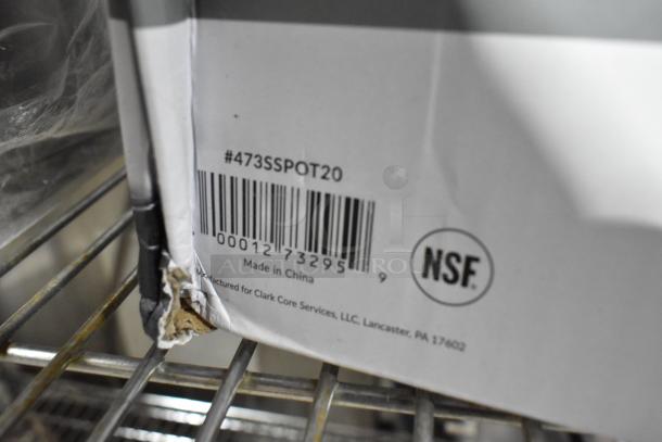 Box with damaged corner showing barcode #473SSPOT20, NSF mark. Contains Vigor SS stock pot, made in China.