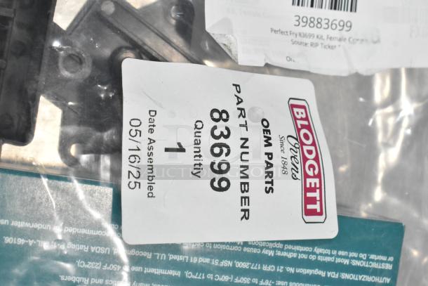 Blodgett OEM Parts bag with part number 83699 label visible. Quantity: 1. Date assembled: 05/16/25.