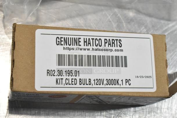 Hatco CLED Bulb Kit box, model R02.30.195.01, 3000K, 120V, 1 piece, genuine part label visible.
