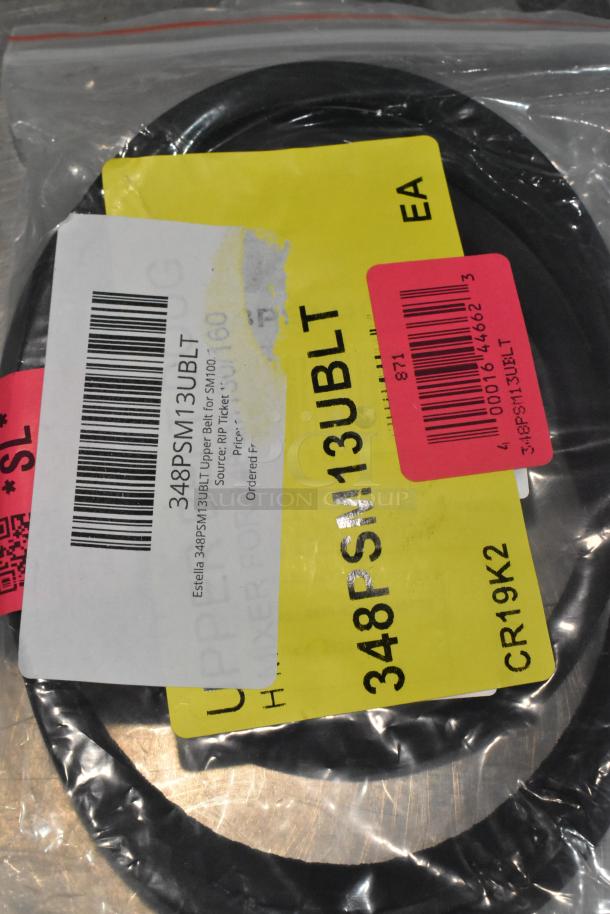 Estella 348PSM13UBLT Upper Belt in packaging with labels and barcodes visible, for SM100, SM130, and SM160 models.