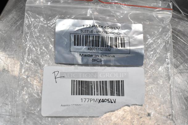 Clear plastic bag with Avantco 177PMX40SLV Microswitch Sleeve labels for MX30, MX30H, MX40, MX40H, showing barcodes and “Made in China.”