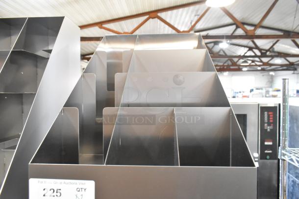 Brand new metal lid organizers with scratch and dent, multiple compartments. Auction label shows "225 QTY x1".