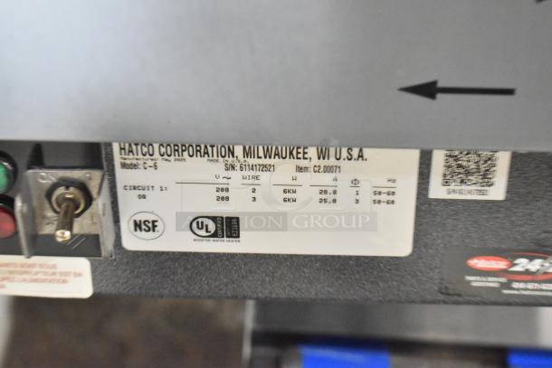 Hatco C-6 stainless steel commercial booster water heater label, showing model, voltage, and certifications.