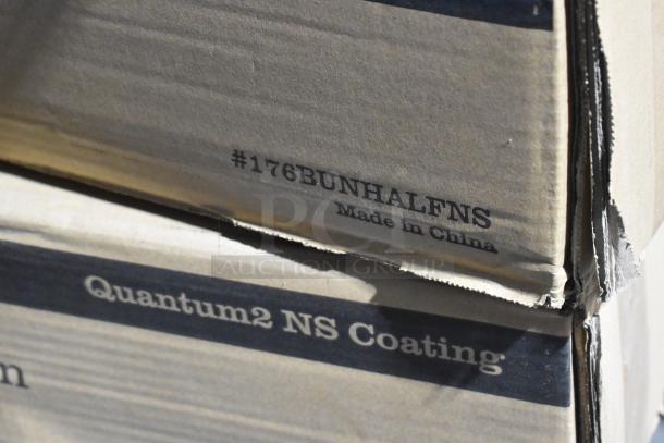 Two boxes of 12 Baker's Lane 176BUNHALFNS non-stick aluminum bun pans. Half size, 13"x18", Quantum2 NS coating. Made in China.