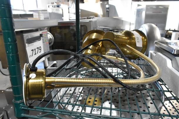 Hobart CK7413B0696 Gold Finish Double Head Warming Lamp, 115V, 1 Phase, brand new scratch and dent, labeled Model HL80B.