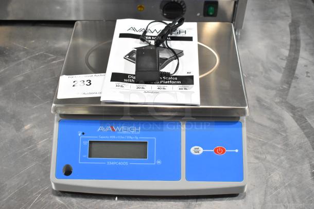 AvaWeigh 334PC40OS 40 lb. digital portion control scale with oversized platform, new with manual and power cord.