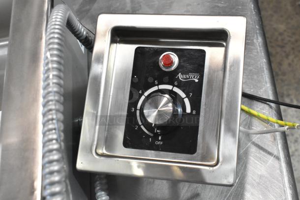 Brand new 2024 Avantco 177TM12H hot food well control panel, stainless steel, with adjustable thermostat and red indicator light.