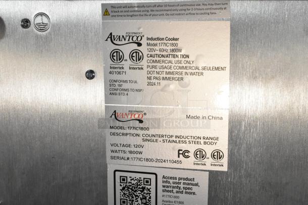 2024 Avantco 177IC1800 stainless steel induction cooker, 120V, 1800W. Labels indicate commercial use, made in China.