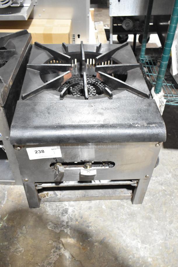 2021 Stainless steel commercial gas single burner stock pot range, 110,000 BTU, sturdy condition, visible control panel, tag marked "238".