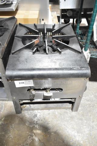 2021 Stainless steel commercial gas single burner stock pot range, 110,000 BTU, sturdy condition, visible control panel, tag marked "238".