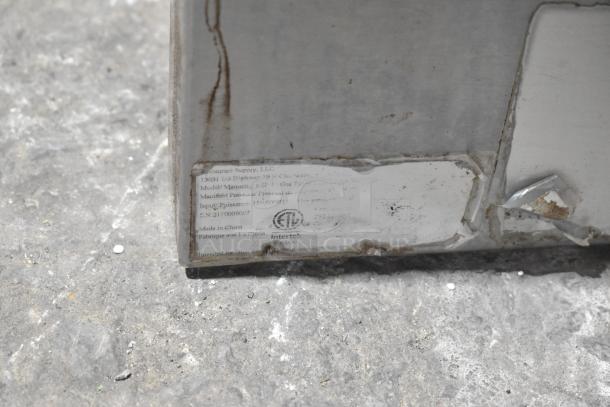 2021 stainless steel gas-powered single burner stock pot range, 110,000 BTU, visible wear, manufacturer label intact.