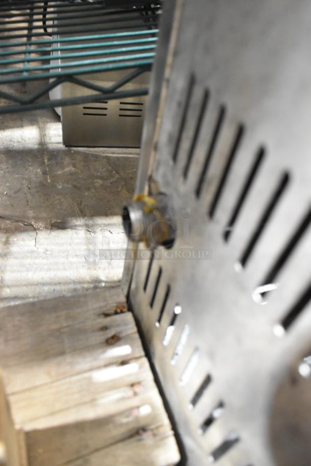 2021 stainless steel commercial gas-powered single burner stock pot range, 110,000 BTU, visible gas connection.