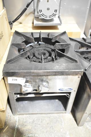 Cook Rite Stainless Steel Commercial Gas Burner, single stock pot range. Features dual control knobs, visible Cook Rite label.