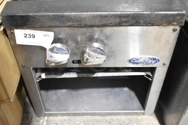 Cook Rite Stainless Steel Commercial Gas Single Burner Stock Pot Range with two control knobs, in used condition.