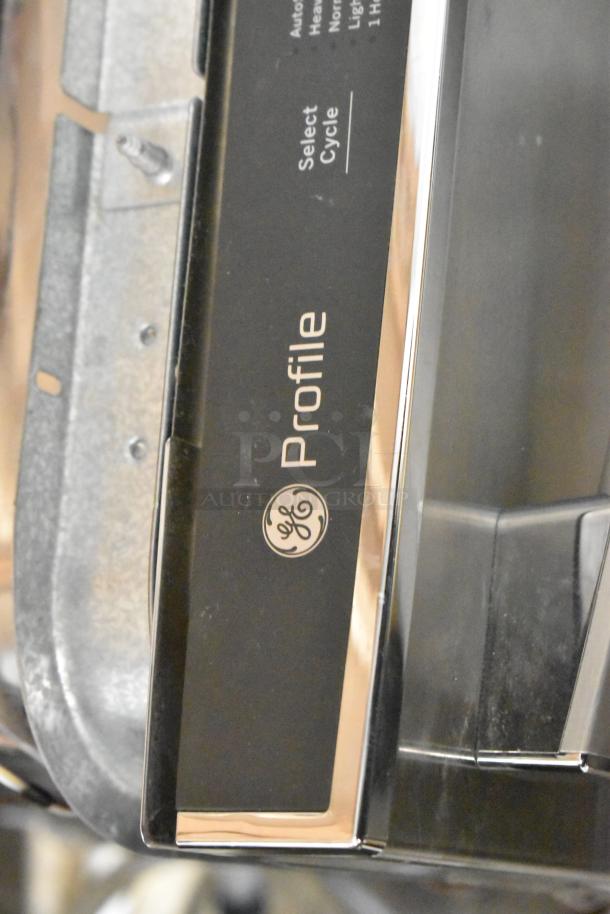 General Electric GE PDT755SYR5FS Profile dishwasher, stainless steel, undercounter model, 115V, label visible.