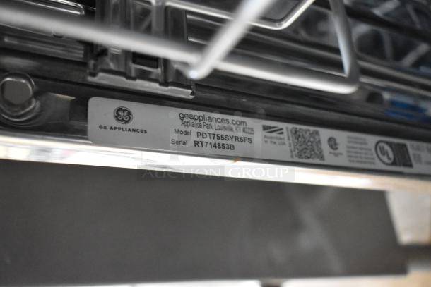 General Electric PDT755SYR5FS Profile undercounter dishwasher with visible model and serial labels, stainless steel finish.