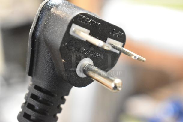 Close-up of a power plug for Avantco 177RCSB90 rice cooker. Black connector with visible prongs and marking "E254730 J-5".