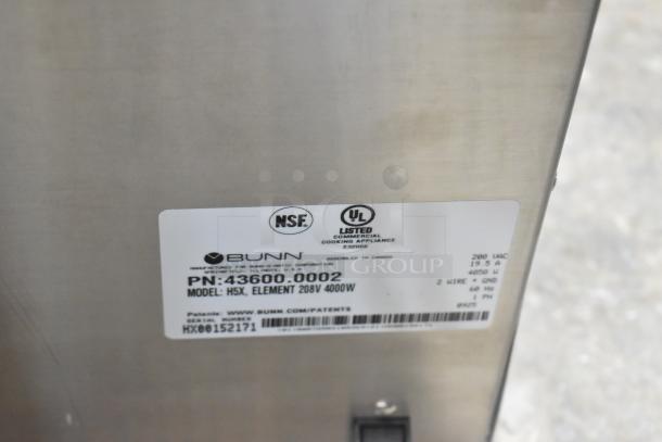 Stainless steel Bunn H5X hot water dispenser, 208V, 5-gallon, NSF and UL listed, model and serial labels visible.