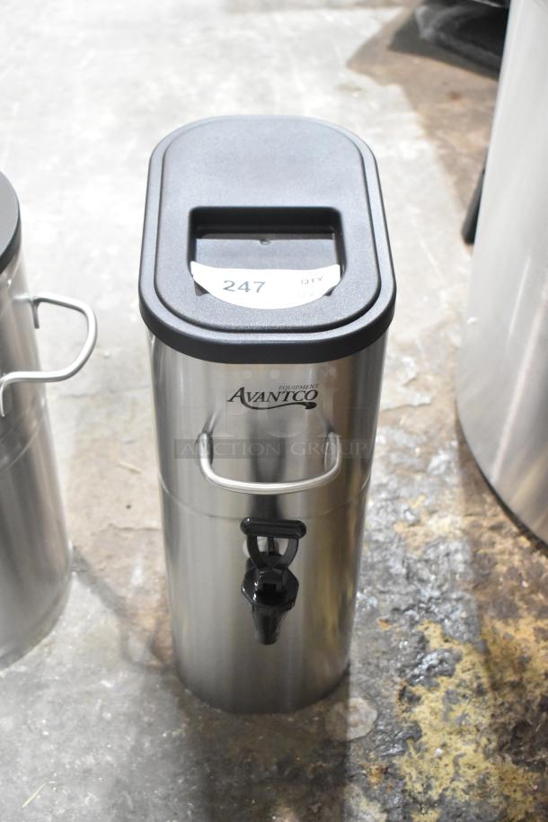 Stainless steel Avantco 2-gallon iced tea dispenser with black lid and stainless steel valve. New condition, label reads "247".