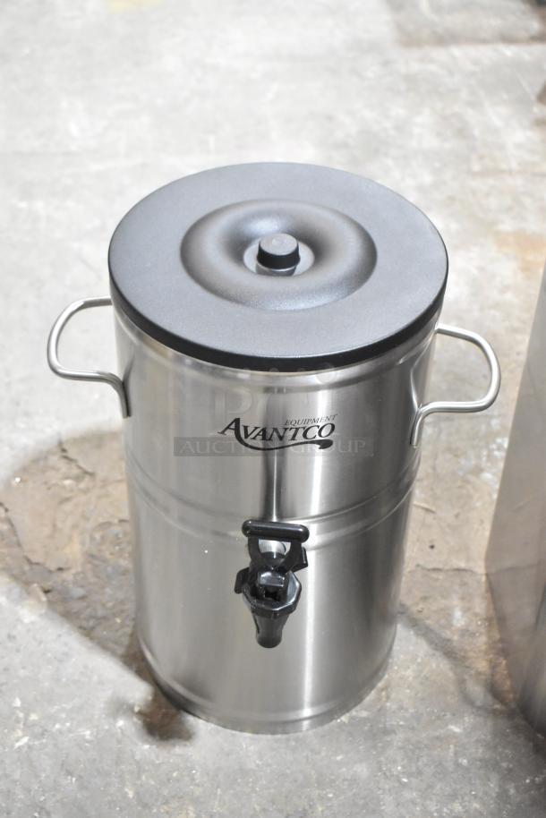 Avantco 2-gallon round iced tea dispenser, stainless steel valve, brand new, scratch and dent condition, logo visible.
