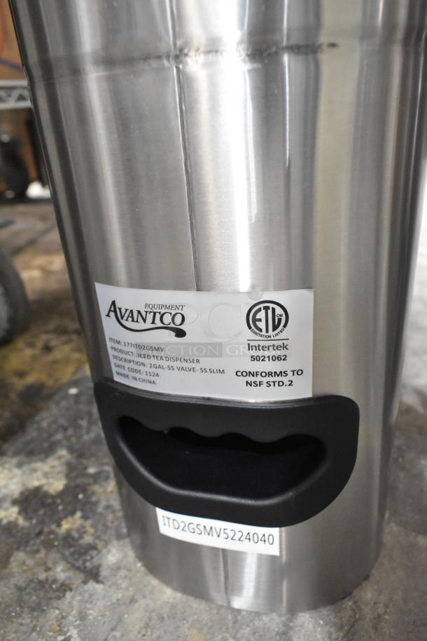 Avantco 2-gallon slim iced tea dispenser, stainless steel valve, model ITD2-GS-MV. ETL certified, made in China.