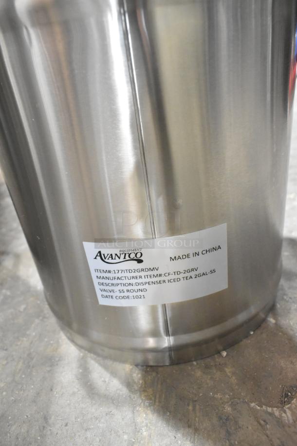Stainless steel Avantco iced tea dispenser with label, model ITD2-GRD-MV, 2-gallon capacity, new condition.
