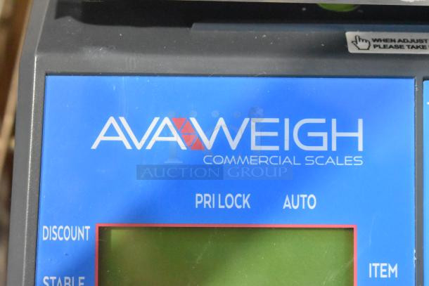 BRAND NEW AvaWeigh 334PCSP60 scale, blue display, thermal label printing, price computing, slight scratches.