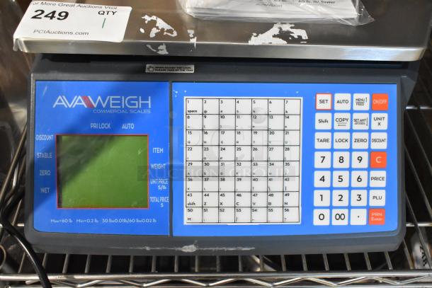 Brand new AvaWeigh 334PCSP60 thermal label printing and price computing scale, minor scratches, keypad, and display visible.