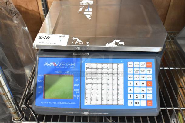 AvaWeigh 334PCSP60 thermal label printing scale, scratch and dent, new condition, visible label, numeric keypad.