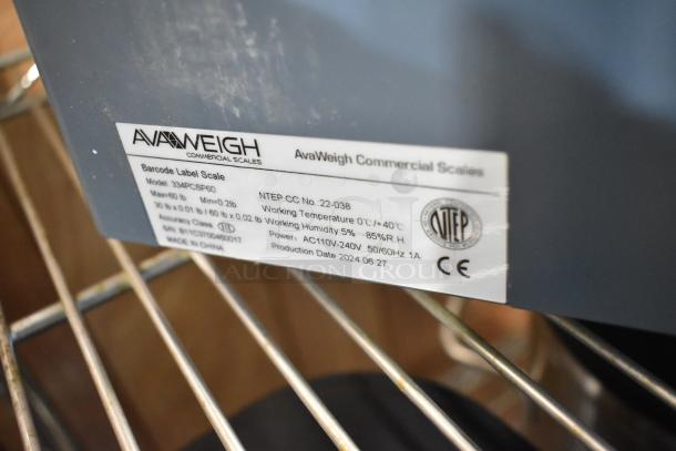 BRAND NEW AvaWeigh 334PCSP60 Thermal Label Printing Scale. Label shows model, NTEP certification, and power specs.