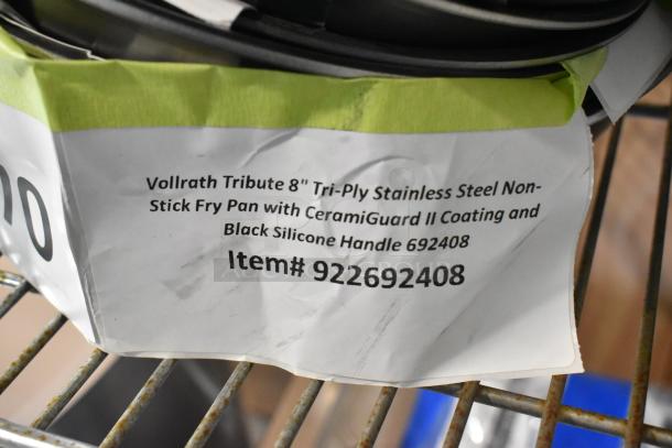 "Vollrath Tribute 8" fry pan with CeramiGuard II coating, black silicone handle, item# 922692408, new condition with label."