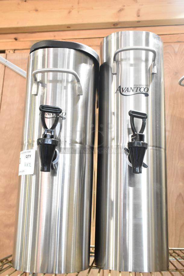 Brand new Avantco stainless steel iced tea dispensers, 4-gallon and 3-gallon, with stainless steel valves, slight scratch and dent.