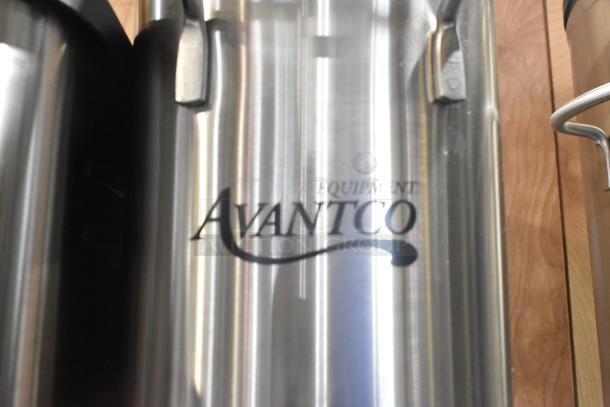 Avantco iced tea dispenser with stainless steel valve, features "Avantco" logo. Brand new, slight scratch and dent.