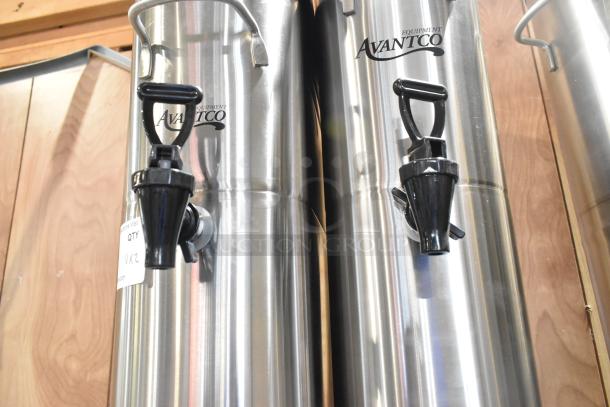Two Avantco iced tea dispensers, 4-gallon and 3-gallon, stainless steel valves, brand new, labeled as scratch and dent.
