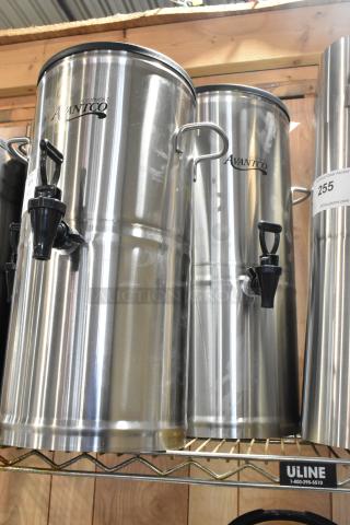 Two brand new Avantco iced tea dispensers, 3-gallon and 5-gallon, with stainless steel valves, minor scratches visible.